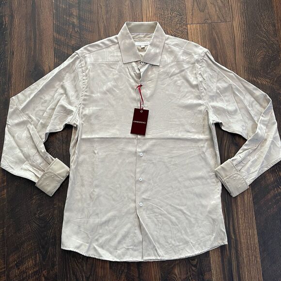 CONSEQUENCE MENS BUTTON DOWN SHIRT MEDIUM JACQUARD RAYON BLEND WHITE NWT WHITE - Picture 1 of 11